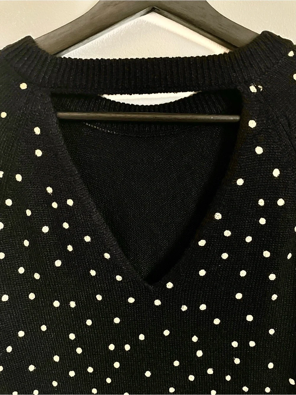 Loft Black Crew Neck Sweater With Gold Metallic Polka Dots Size XS EUC